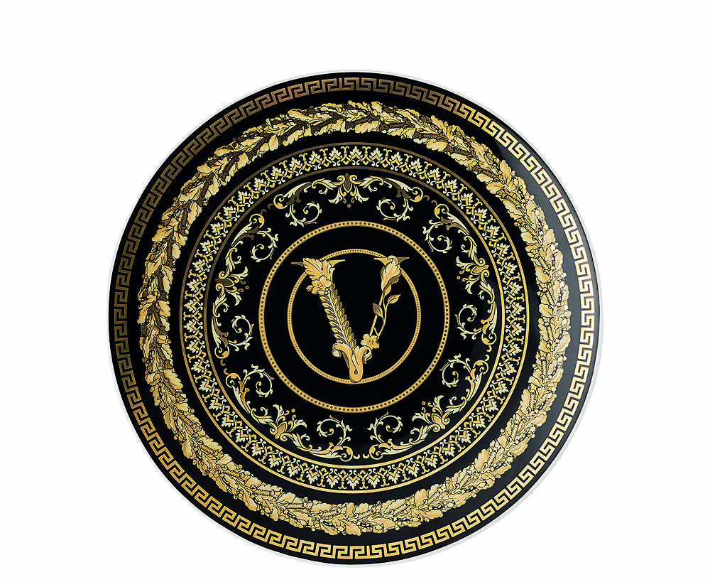 Piatto 18 cm Versace Virtus Gala Black: eleganza senza tempo con porcellana nera e dettagli dorati, perfetto per ogni occasione raffinata.