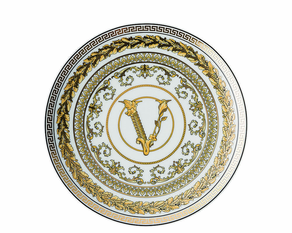 Piatto da 18 cm Versace Virtus Gala White: eleganza pura con bordo dorato. Perfetto per servire con stile ogni piatto, ideale per occasioni speciali.