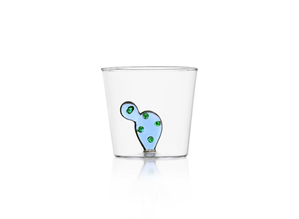 BICCHIERE VETRO | CACTUS colore blu. Realizzati in vetro borosilicato, ogni bicchiere include una delicata scultura di pianta desertica.