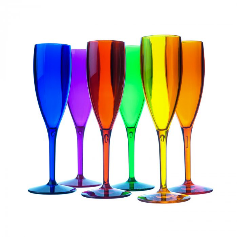 Set Flûte in plastica resistente per brindisi perfetti. Infrangibili, leggeri, lavabili in lavastoviglie. Flûte colorati ideali per spumante e champagne.