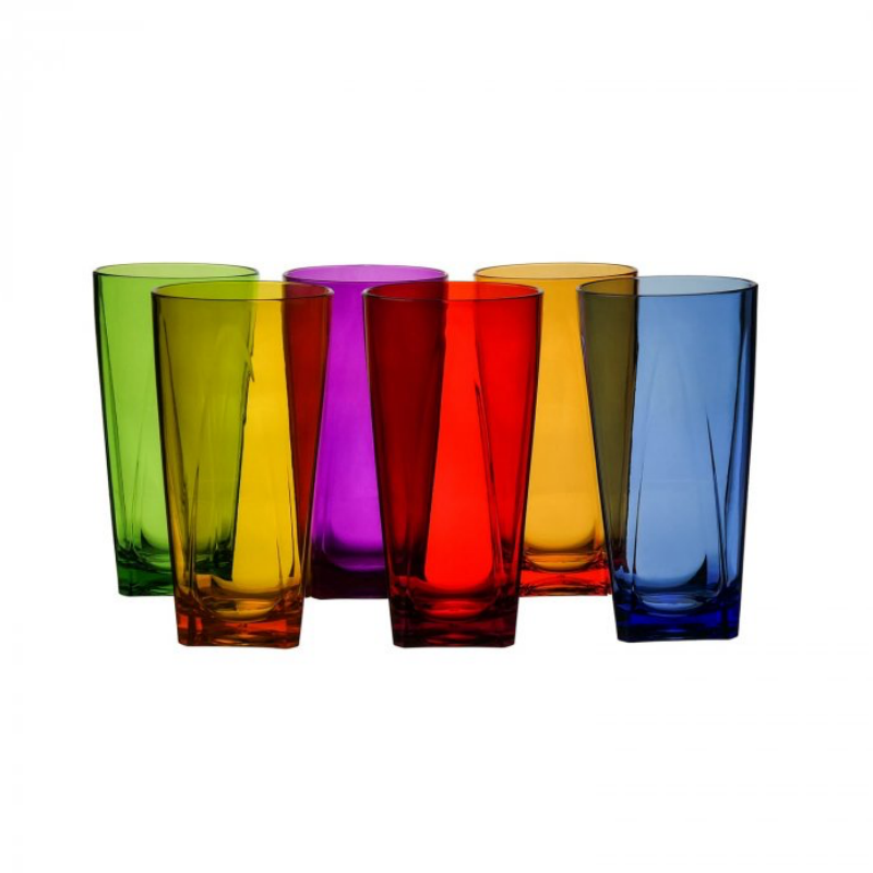 Bicchieri colorati Long Drink in plastica resistente SAN, infrangibili e lavabili in lavastoviglie. Set 6 pezzi ideale per uso quotidiano e feste.
