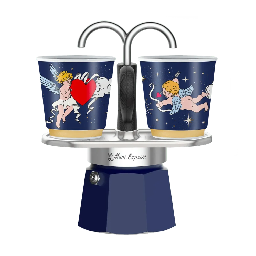 Set Mini Express "Sole&Luna" Bialetti ceruleo/blu profondo con bicchierini dorati: eleganza romantica e rituale condiviso in un solo set.