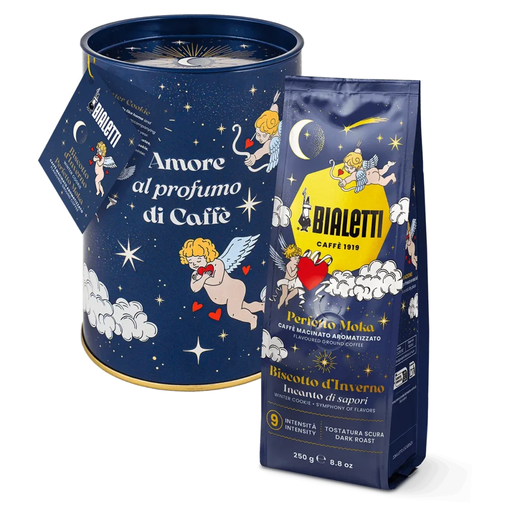 Caffè macinato Bialetti Perfetto Moka “Biscotto d’Inverno”: aroma dolce, speziato e avvolgente in confezione blu elegante, perfetto per le feste.