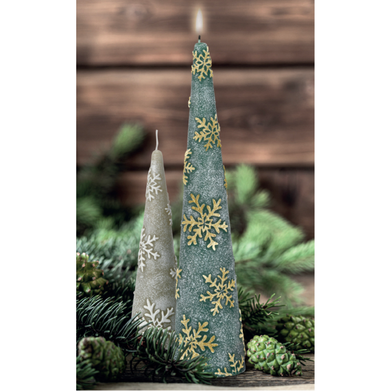 Scopri le candele natalizie Wald: alberi, casette e mini cupcake in verde, rosso, oro e argento per decorazioni eleganti e luminose.