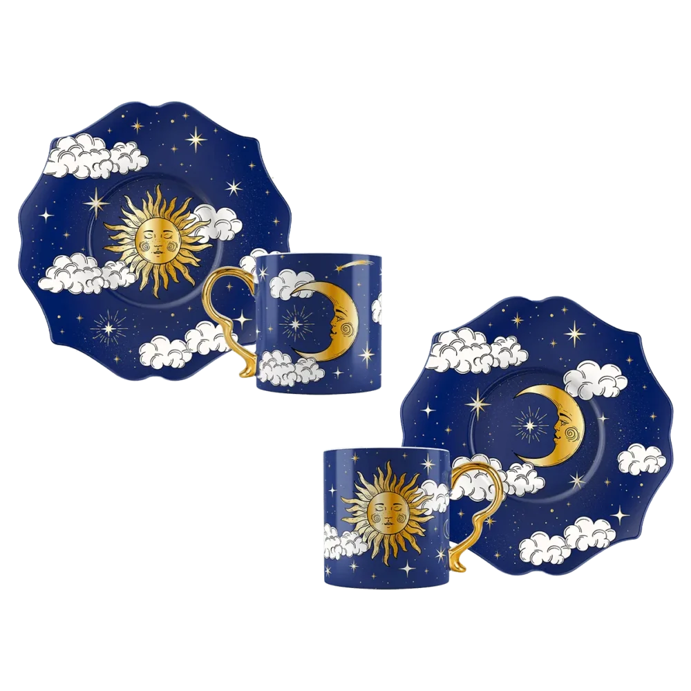 Set tazzine Cielo Stellato Bialetti: porcellana blu con stelle dorate. Eleganti, raffinate e perfette per rendere speciale ogni pausa caffè.