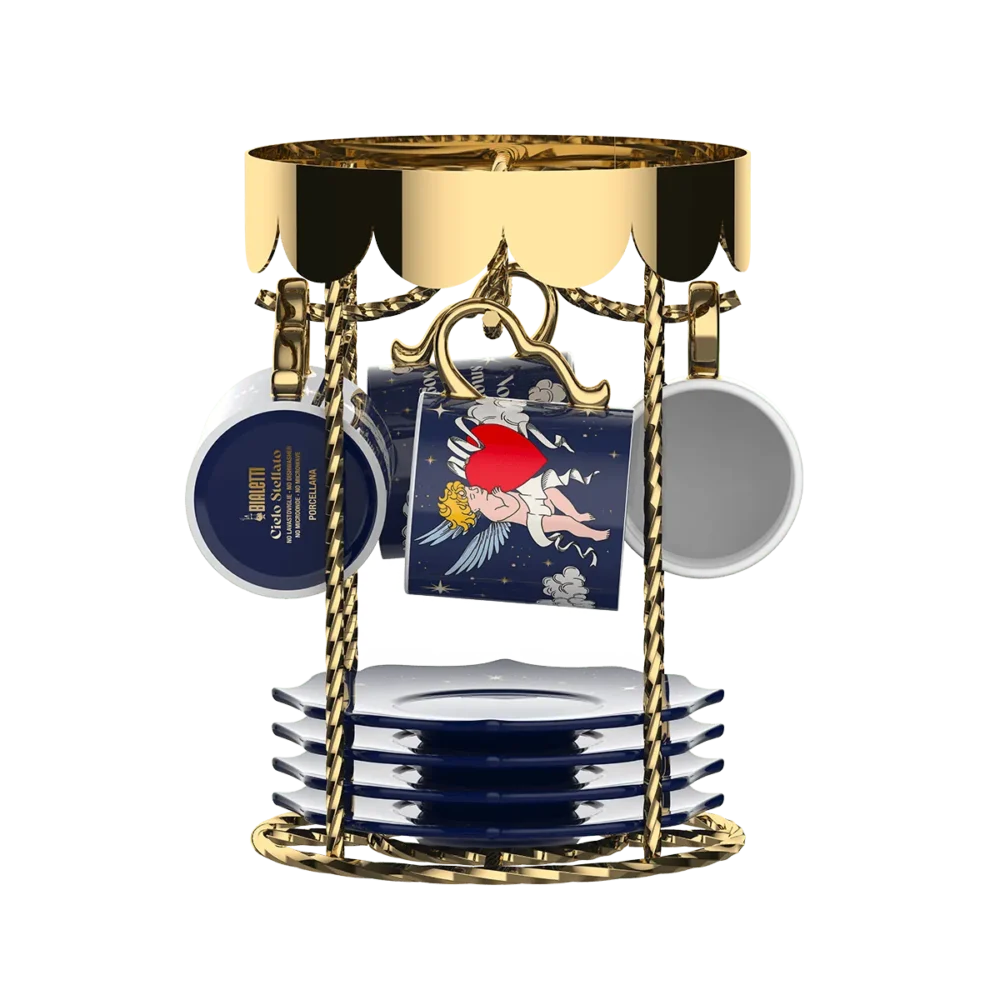 Set di 4 tazzine Bialetti in porcellana con decoro giostra “Cielo Stellato”: stelle dorate e design raffinato per un momento magico.