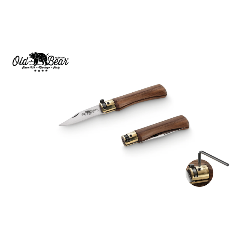 Coltello Old Bear Linea Classica con manico in noce e lama in acciaio inox. Design tradizionale, qualità artigianale e sicurezza grazie al sistema di blocco.